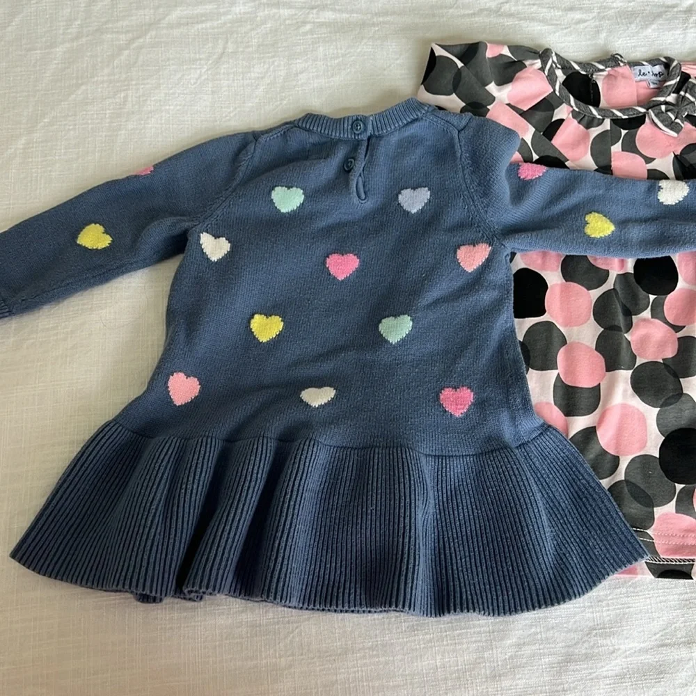 Baby Gap Heart Sweater Dress 6-12M & Le Top Polka Dot Dress 12M Bundle Blue Pink